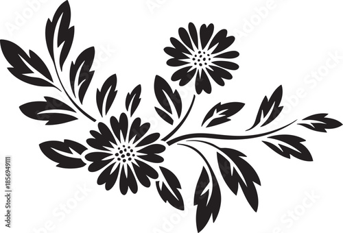 black silhouette of flowers and leaves on transparent background