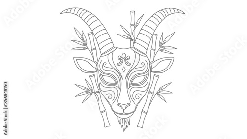 goat head with horns and bamboo minimalis one line art