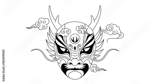 Japanese Noh theater mask with horns and smoke