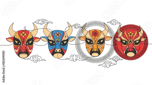 colorful bull heads with chinese opera mask