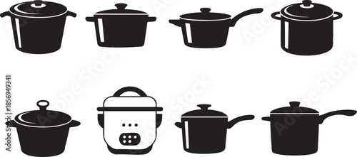 collection of black kitchen pots and pans icons on white background