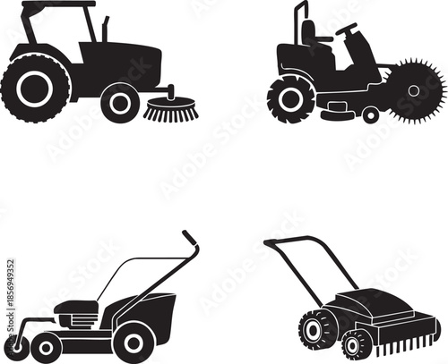 Black silhouettes of various lawn mowers and tractor with brush  gardening equipment