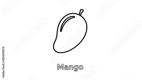 Simple black line art icon of a whole fresh mango fruit isolated on a clean white background ready for coloring pages or educational materials