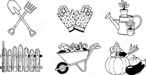 Gardening tools and autumn vegetables vector set with gloves wheelbarrow and watering can 