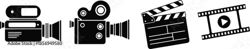 Video icon set with camera, movie and cinema symbols for media playback, recording and entertainment, vector illustration