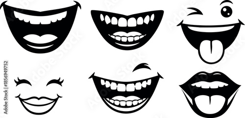 Various smiling and playful cartoon mouths with tongues and winks vector illustration 