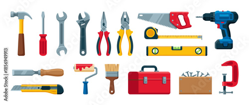 A collection of various hand tools arranged in a flat, illustrative style.