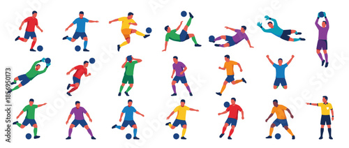 Collection of soccer players in various action poses, kicking, running, and goalkeeping.