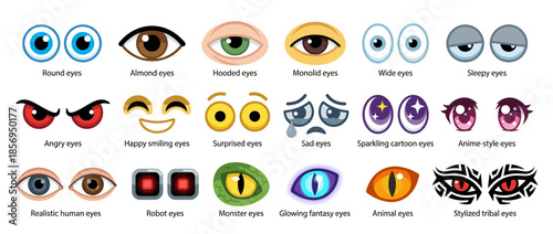 A collection of various cartoon eye styles with different expressions and designs.