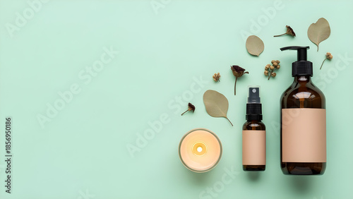Flat lay of natural skincare products with candle and botanicals on green background