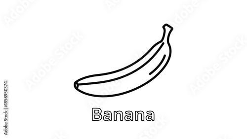 Simple black and white outline drawing of a curved banana fruit with its name clearly labeled below for educational coloring book pages or fun conceptual design projects.