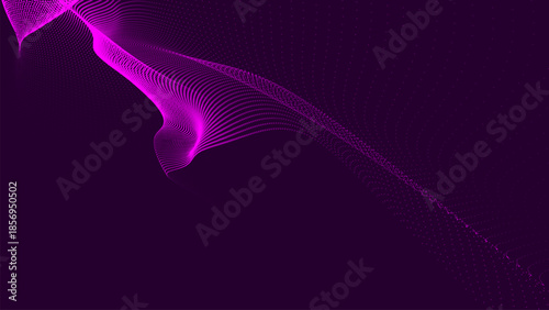 Abstract vector background with a dynamic wave. Streams of bright dots form smooth waves against a dark background. The radiating light creates a sense of depth and elegance. Futuristic 3D dot wave.