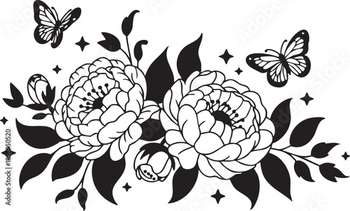Black and white floral illustration with peonies butterflies and stars
