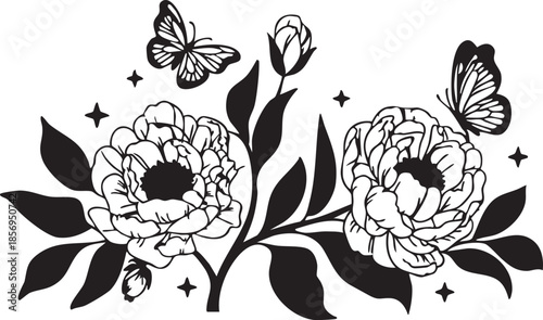 black and white illustration of flowers and butterflies with leaves and stars