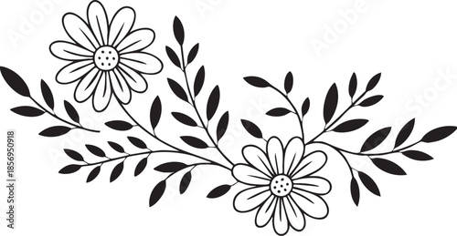 Black and white illustration of flowers and leaves on transparent background