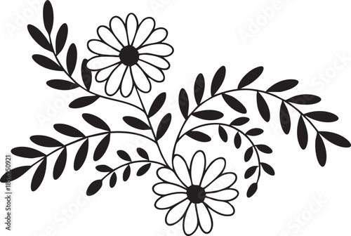 black and white illustration of flowers and leaves on transparent background