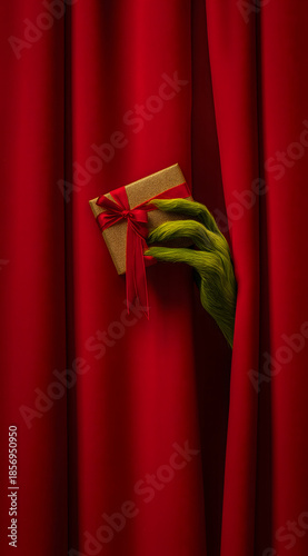 Mysterious Green Hand Holding Christmas Gift Behind Red Curtain,creative holiday concepts.