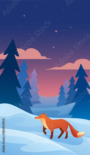 Vector illustration of a winter forest landscape with a fox under the night sky. A tranquil, fairytale-like atmosphere, suitable for posters, covers, and children's projects.