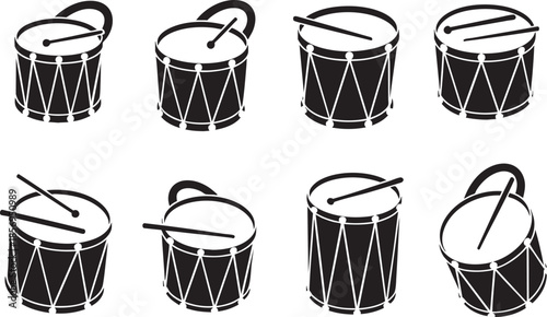 black and white illustration of multiple drum icons with sticks on white background