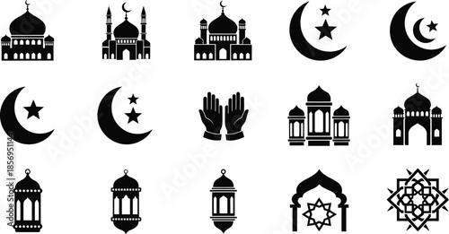 Comprehensive Islamic Design Asset Set with Mosque Silhouettes, Praying Hands, and Arabesque Patterns