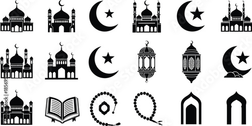Islamic Graphic Collection Featuring Mosque Silhouettes, Quran, Prayer Beads, and Traditional Lanterns