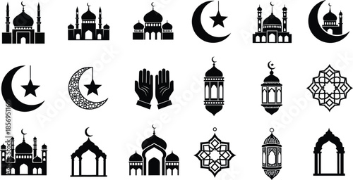Set of Islamic Religious Icons with Mosque Silhouettes, Crescent Moon, and Lanterns for Ramadan and Eid