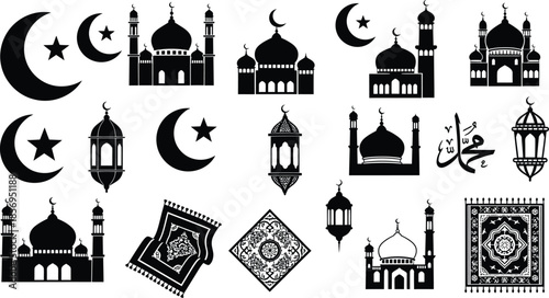 Collection of Islamic Design Assets for Ramadan Including Calligraphy, Mosque Silhouettes, and Prayer Rugs