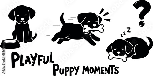 Playful puppy moments with black dog silhouette running sleeping and sitting vector illustration 