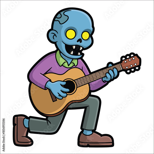 Cartoon zombie playing an acoustic guitar on a white background