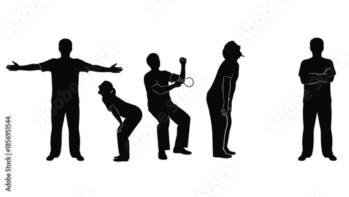 Collection of black silhouette figures illustrating various physical postures stretching bending and standing poses suggesting fitness activities or human movement sequences