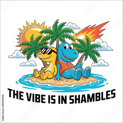 Dinosaurs leaning back on a tropical island with a meteor