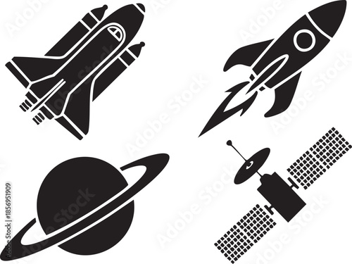 Space exploration silhouette icon set with rocket, shuttle, planet with rings, satellite flat vector symbols, astronomy, cosmos, space mission, technology icons
