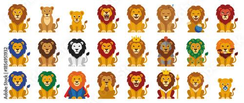 Collection of cartoon lions in various colors and styles, some wearing crowns and costumes.