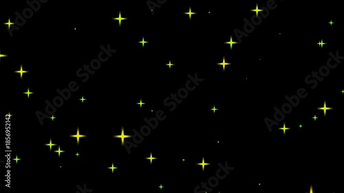 A dark expansive background featuring numerous small bright yellow star like sparkles scattered throughout the space