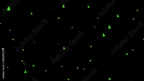 A minimalist composition displaying numerous small vibrant green triangles against a stark black background
