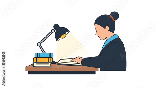 Focused professional woman intently reading an open book at her wooden desk illuminated by an adjustable desk lamp next to a small stack of textbooks for late night studying.