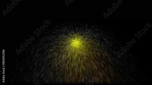 A radiant burst of golden particles exploding outward from a central point against a black backdrop
