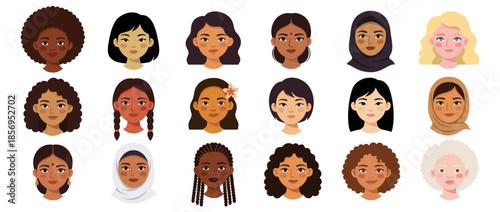Diverse group of women's faces with various hairstyles, skin tones, and cultural attire.