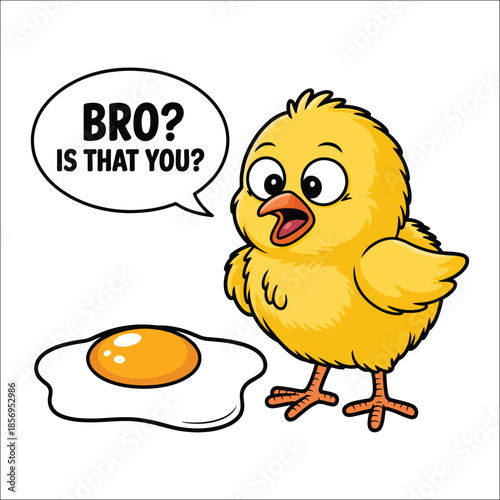 Cartoon chick asks fried egg if it is its brother chicken