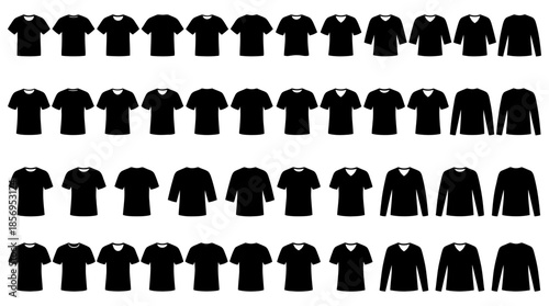Black silhouettes representing different styles of t-shirts and long sleeve shirts for design purposes
