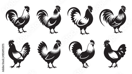 A set of eight different black silhouettes and vector designs of roosters