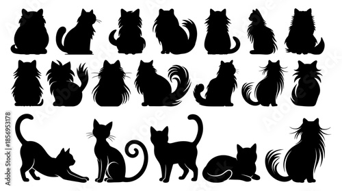 A large collection of cat silhouettes representing different poses and long-haired varieties