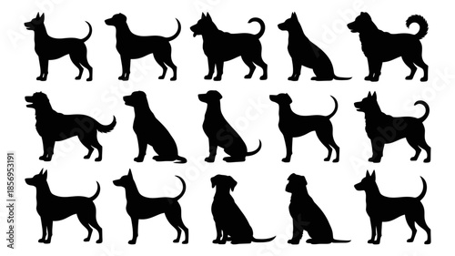 A comprehensive collection of dog silhouettes featuring various breeds and poses for design projects