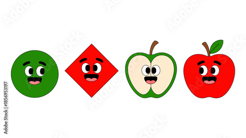 Cheerful cartoon characters including geometric shapes and fruits in a horizontal row