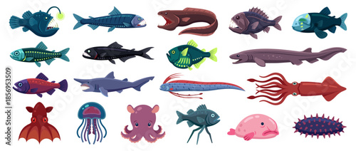 Collection of various cartoon deep sea creatures including fish, sharks, squid, jellyfish, and other marine animals.