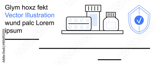 Healthcare, pharmaceutical safety, prescription drugs, secure medicine, health protection, medical packaging. Pills and medicine bottles alongside a security shield. Healthcare and pharmaceutical