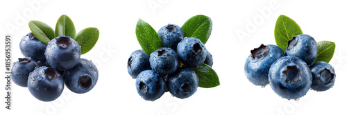 Three clusters of fresh blueberries with leaves isolated on a transparent background
