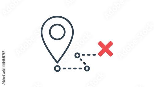 Wrong direction sign with map pin and red cross symbol in simple flat design for navigation error