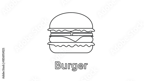 Simple black and white line art illustration of a classic multilayered cheeseburger icon perfect for coloring books or food related design projects needing minimal outlines