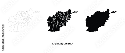 Afghanistan map vector with detailed administrative regions in black and white, political country outline illustration
